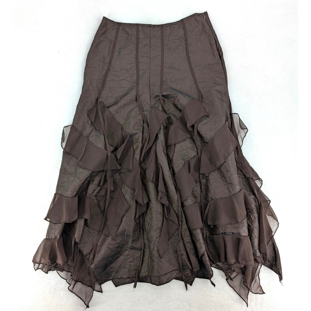 Faust Paris Jupe Brown Ruffle Handkerchief Maxi Skirt Made France T3 L Vintage